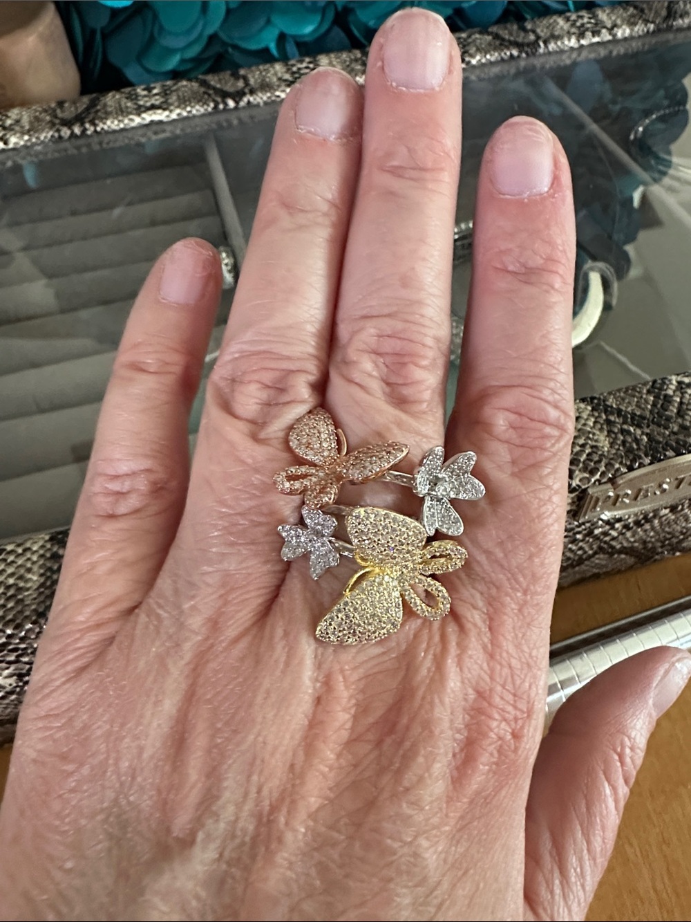Multi-Tone Pave Butterfly Cluster Ring Sterling 925 Silver Size 9